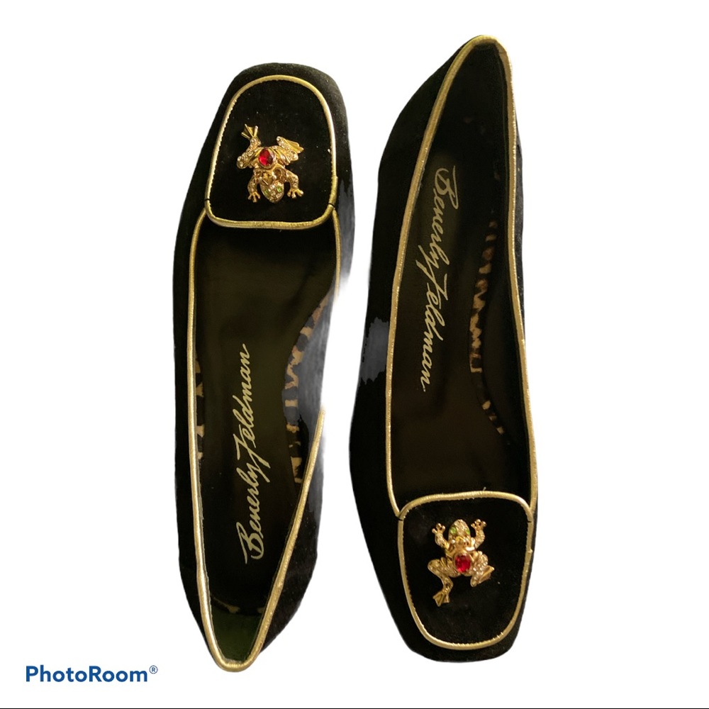 Beverly Feldman black suede loafers with gold trim frog decoration size 6.5